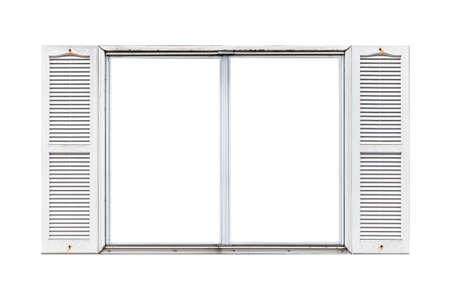 White vintage wooden window frame isolated on a white backgroundの写真素材