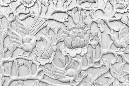 White carved wooden wall texture and backgroundの写真素材