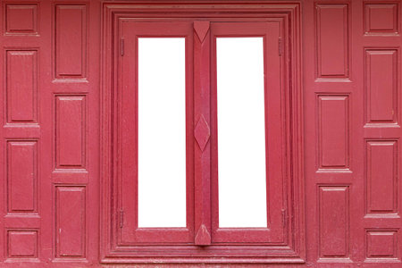 Wooden window frame and red wood wall, traditional Thai style wooden house isolated on a white backgroundの写真素材