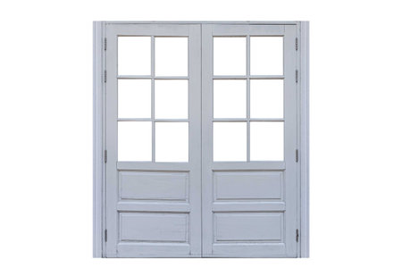 Vintage white painted wooden window frame isolated on a white backgroundの写真素材