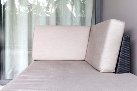 Close - up Outdoor white fabric sofaの写真素材