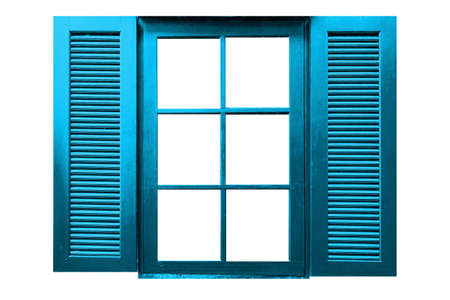 Old wooden window frame painted blue vintage isolated on a white backgroundの写真素材