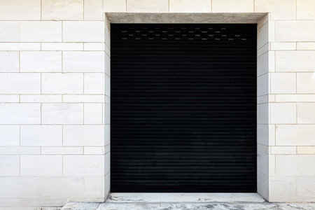 Closed Black metal shutter garage door at home