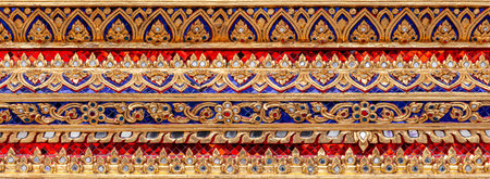 Panorama of Multi-colored tiled wall in Thai temple style texture and background seamless