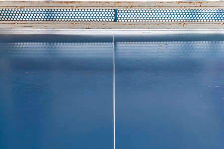 Close - up of empty blue wooden table tennisの写真素材