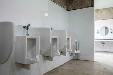Row of white ceramic urinals in the men's bathroom
