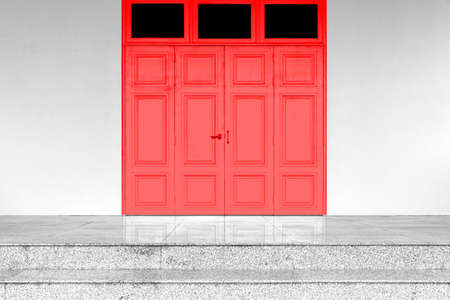 Large red wooden door entrance and white cement wallの写真素材