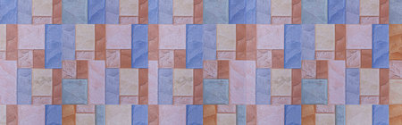 Panorama of Blue granite tiled wall with vintage pattern texture and background seamless