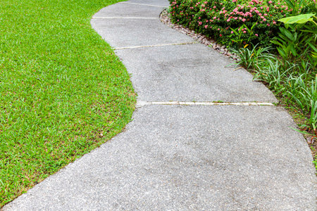 Cement block walkways and lawns in the gardenの写真素材