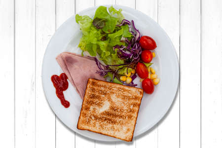 Western breakfast set , Bread with ham and lettuceの写真素材