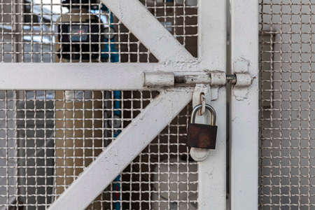 The padlock hangs on the white metal doorの写真素材
