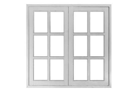 Vintage white painted wooden window frame isolated on a white backgroundの写真素材