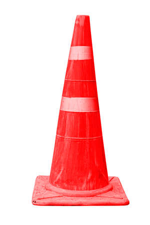 Red plastic traffic cone isolated on a white backgroundの写真素材