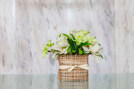 Brown plastic flowers in a glass vase decorate the living room of a luxury homeの写真素材