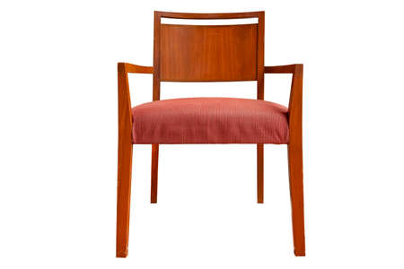 Light brown wooden chairs and reddish brown fabric cushions isolated on a white backgroundの写真素材