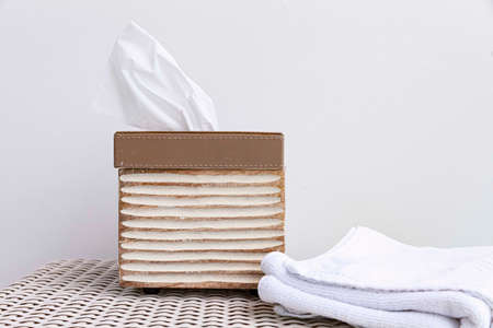 Square white wooden box for tissue paper towelsの写真素材