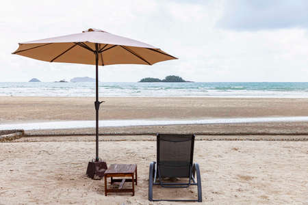 Empty sun beds at the beach of the hotel in relief of the epidemicの写真素材