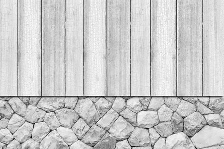 Old white wooden fence and natural white stone fence pattern and background seamlessの写真素材