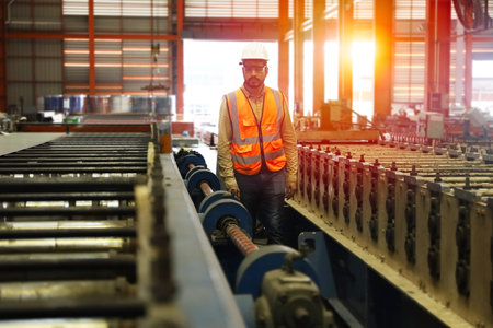 Industrial worker working on a conveyor belt in a factory.