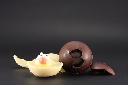 photography chocalate eggs with chicks insideの写真素材