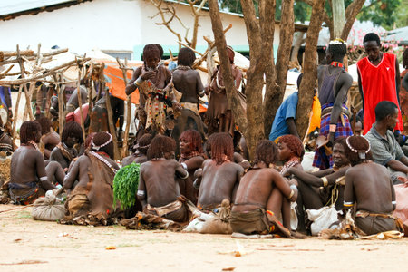 turmi, ethiopia, august 15, 2011 - at the weekly market turmi ethnic groups come omo valley, main...