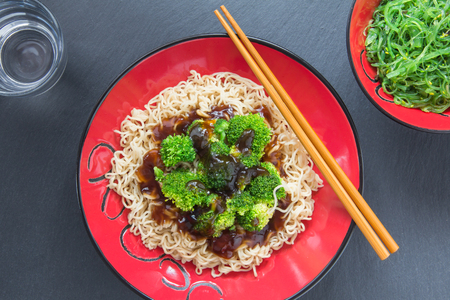 Broccoli with Mie Noodles oystersauce and alga salad 03の写真素材