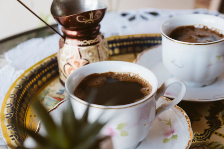Two cups of coffee on rustic plate