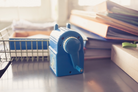 Close-up of a blue pencil sharpenerの写真素材