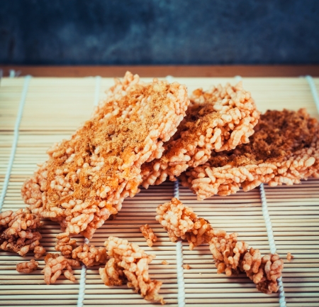 rice homemade or rice puffed and thai dessert on bamboo woodの写真素材