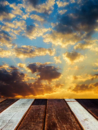 wood texture perspective and sunsetの写真素材
