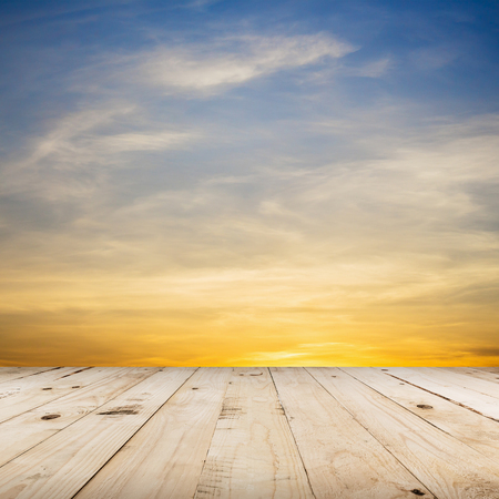 wood floor and beautiful sunset with spaceの写真素材