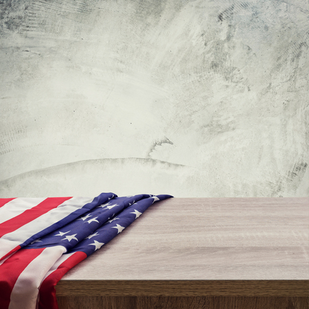 USA flag on wood cement wall background and texture with spaceの写真素材