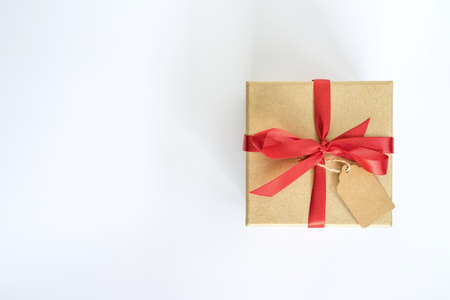 Top view brown gift box on isolated white background with space.の写真素材