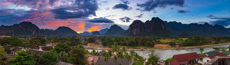 Landscape view panorama at Sunset in Vang Vieng, Laos.の写真素材