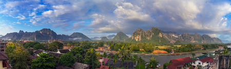 Landscape view panorama at morning in Vang Vieng, Laos.の写真素材