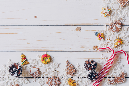 Christmas background and christmas decoration presents concept, top view with copy space.の写真素材