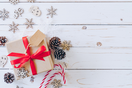 Christmas background and christmas decoration presents concept, top view with copy space.の写真素材