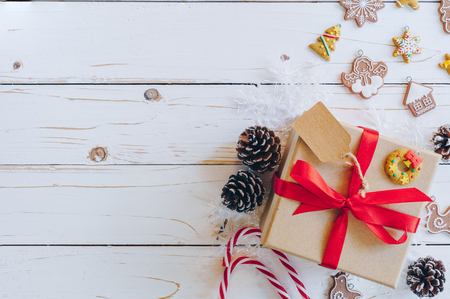 Christmas background and christmas decoration presents concept, top view with copy space.の写真素材