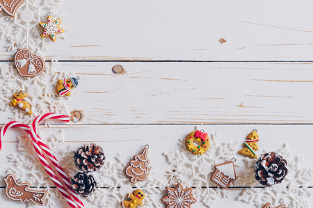 Christmas background and christmas decoration presents concept, top view with copy space.の写真素材