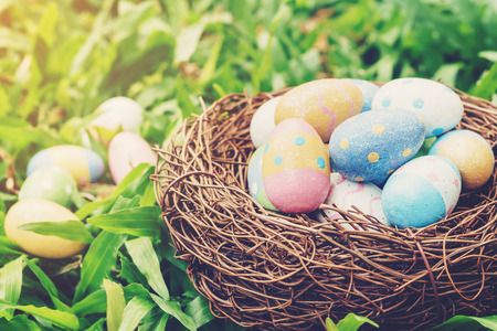 Colorful easter eggs and nest on green grass with sunlight. vintage toned.の写真素材