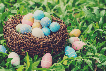 Colorful easter eggs and nest on green grass with sunlight. vintage toned.の写真素材