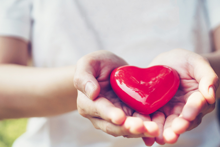Close up female hands giving red heart on handsの写真素材
