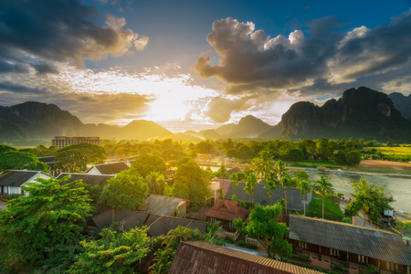 Landspape view beautiful sunset at vang vieng, Laosの写真素材