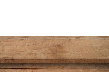 Empty wood table on isolate white background and display montage with copy space for product.の写真素材