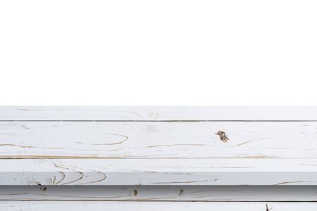 Empty white wood table on isolate white background and display montage with copy space for product.の写真素材