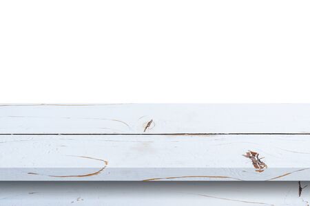 Empty white wood table on isolate white background and display montage with copy space for product.の写真素材