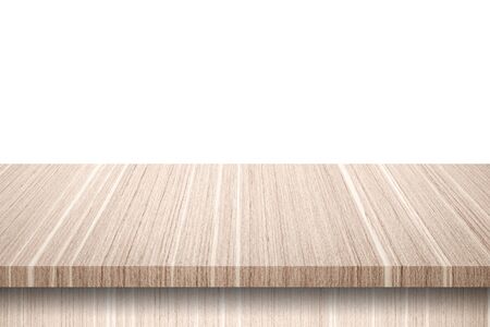 Empty wood table on isolate white background and display montage with copy space for product.の写真素材
