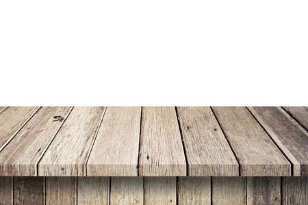 Empty wood table on isolate white background and display montage with copy space for product.の写真素材