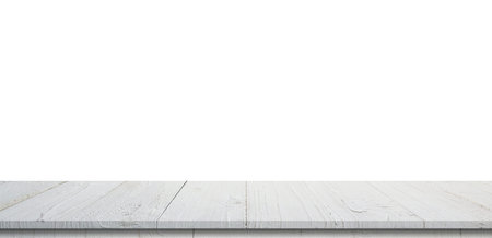 Empty wood table panorama on isolate white background and display montage with copy space for...