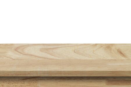 Empty wood table on isolate white background and display montage with copy space for product.の写真素材